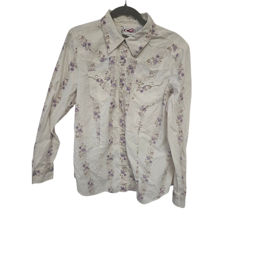 Roper Womens XL Western Snap Shirt Purple Floral Stripe Cotton Cream Jacquard